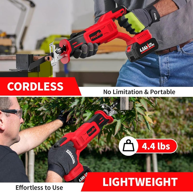 FULLYEA Reciprocating Saw Cordless, 0-3500 SPM Power Reciprocating Saw, Tool-Free Blade Change, Brushless Recipro Saws with 2 * 4.0Ah Battery & 4 Blades, Cordless Saw for Wood/Metal/Plastic Cutting - Image 4
